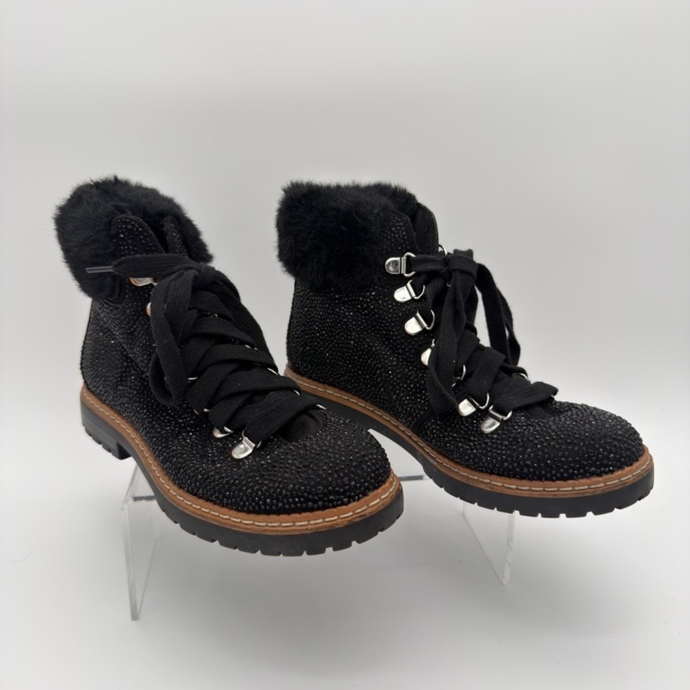 INC International Concepts Rhinestone Faux Fur Lace-Up Hiker Boots Black 5.5M